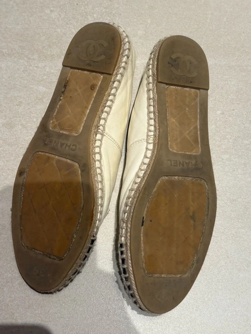 CHANEL Cream Leather Espadrilles with Black Cap Toe